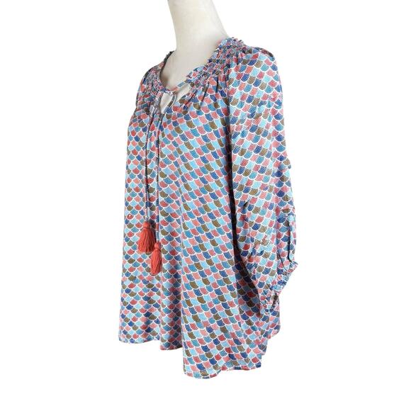 Ivy Jane NWT M/L Orange Blue Mermaid Fish Scale Tassel Neck Relaxed Boho Top - Picture 2 of 11